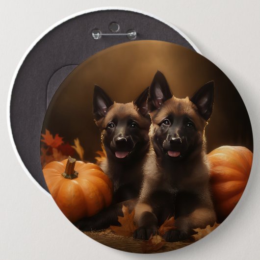 Belgische Herder Puppy Herfst Delight Pompoen Ronde Button 6,0 Cm (Voorkant /achterkant)