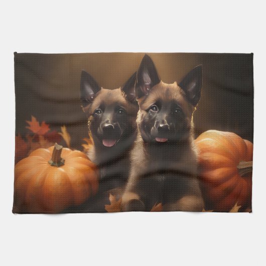 Belgische Herder Puppy Herfst Delight Pompoen Theedoek (Horizontaal)