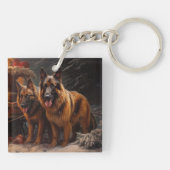 Belgische Herder Sneeuwslee Kerstdecoratie Sleutelhanger (Achterkant)