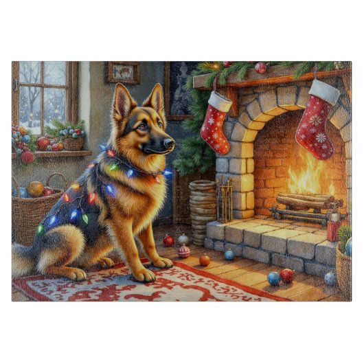 Belgische Herdershond Haard met Kerstverlichting Snijplank (Voorkant)