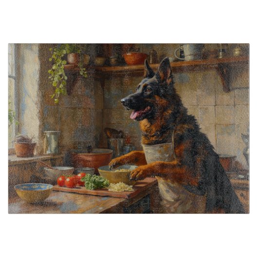 Belgische Herdershond Kookt in Keuken Snijplank (Voorkant)