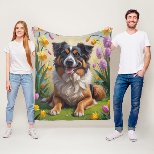 Belgische Herdershond Lente Bloemen Schilderij Fleece Deken (In situ)