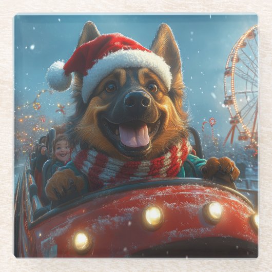Belgische Herdershond Roller Coaster Kerstmis Glazen Onderzetter (Voorkant)