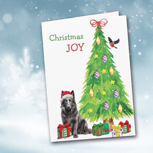 Belgische herdershond, vogel en kerstboom feestdagen kaart