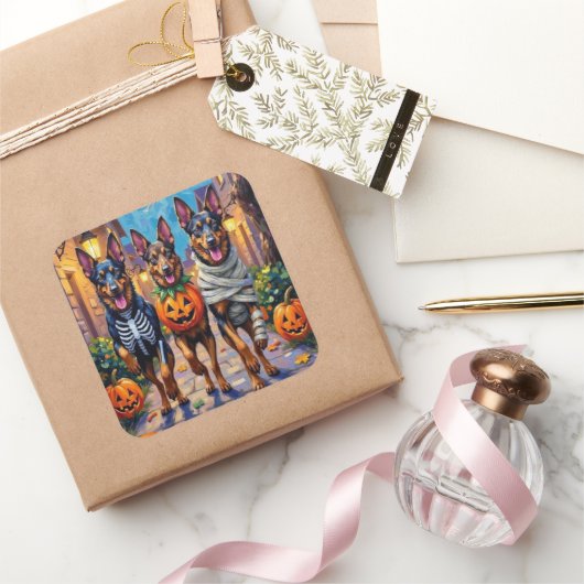 Belgische Herdershonden Trick-or-Treating Hallowee Vierkante Sticker (Geschenken)