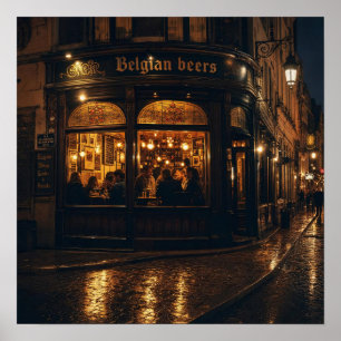 Belgische hoekbierhuisposter bij nacht poster