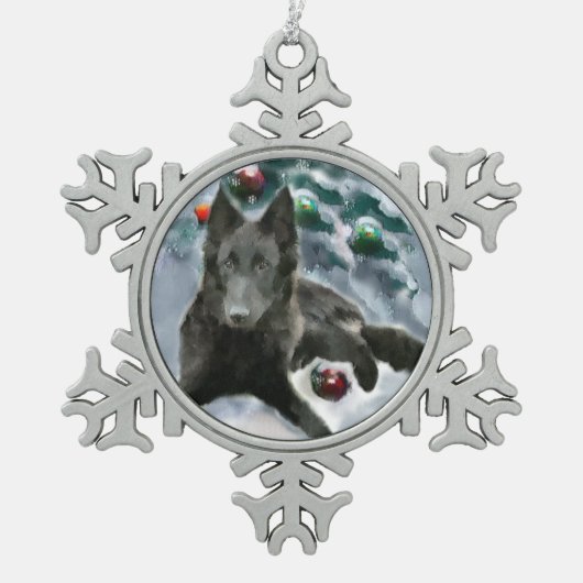 Belgische kersthond tin sneeuwvlok ornament (Voorkant)