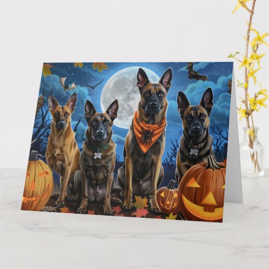 Belgische Malinoi Halloween Spooky Kaart (Gele Bloem)