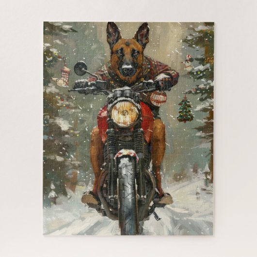 Belgische Malinoi Hond Rijden Motorfiets Kerstmis Legpuzzel (Verticaal)