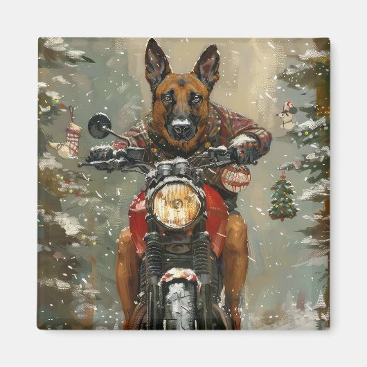 Belgische Malinoi Hond Rijden Motorfiets Kerstmis Magneet (Voorkant)