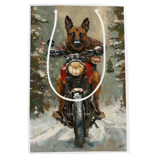 Belgische Malinoi Hond Rijden Motorfiets Kerstmis Medium Cadeauzakje (Voorkant)