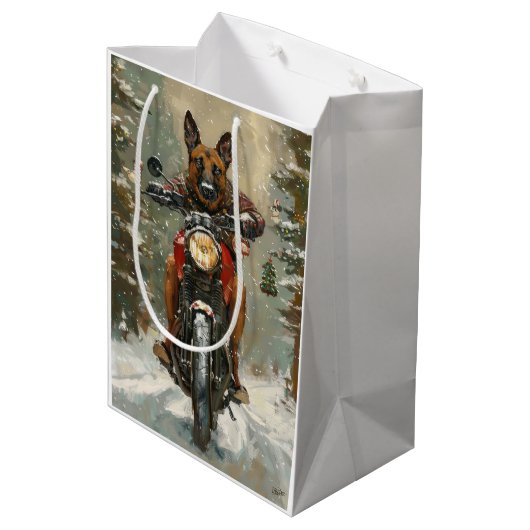 Belgische Malinoi Hond Rijden Motorfiets Kerstmis Medium Cadeauzakje (Achterkant Gekanteld)