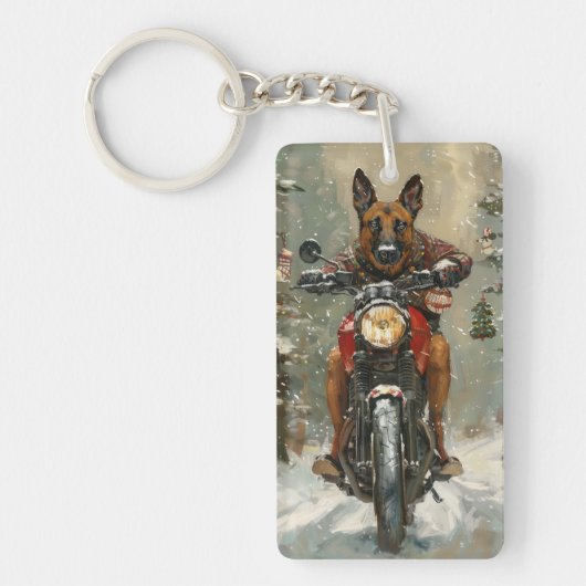 Belgische Malinoi Hond Rijden Motorfiets Kerstmis Sleutelhanger (Voorkant)