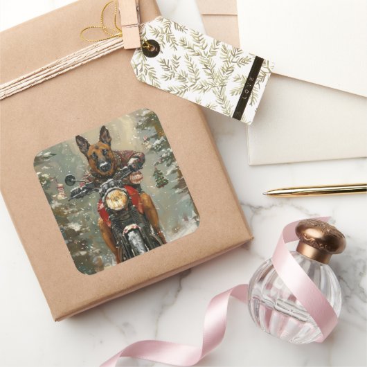 Belgische Malinoi Hond Rijden Motorfiets Kerstmis Vierkante Sticker (Geschenken)