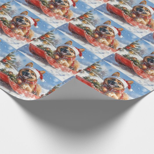 Belgische Malinoi in Sledge Laat het Sneeuw Kerstm Cadeaupapier (Hoek)