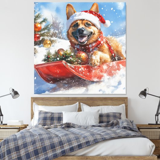 Belgische Malinoi in Sledge Laat het Sneeuw Kerstm Canvas Afdruk (Insitu (Slaapkamer))