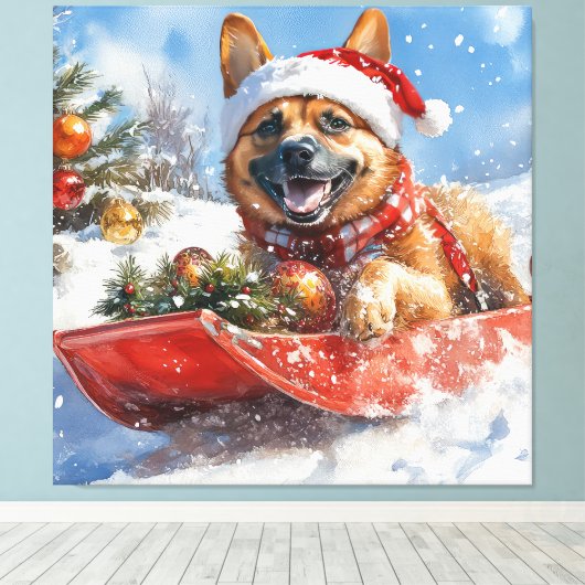 Belgische Malinoi in Sledge Laat het Sneeuw Kerstm Canvas Afdruk (Insitu (Houten vloer))