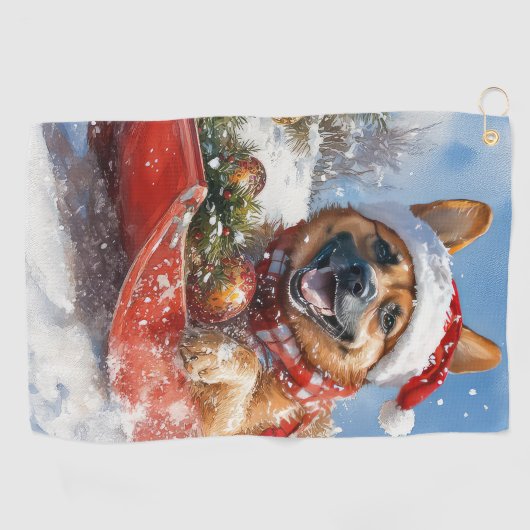 Belgische Malinoi in Sledge Laat het Sneeuw Kerstm Golfhanddoek (Horizontaal)