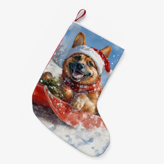 Belgische Malinoi in Sledge Laat het Sneeuw Kerstm Kleine Kerstsok (Voorkant (Hangend))