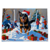 Belgische Malinoi Kerstfeest Sneeuwscène Groot Cadeauzakje (Voorkant)