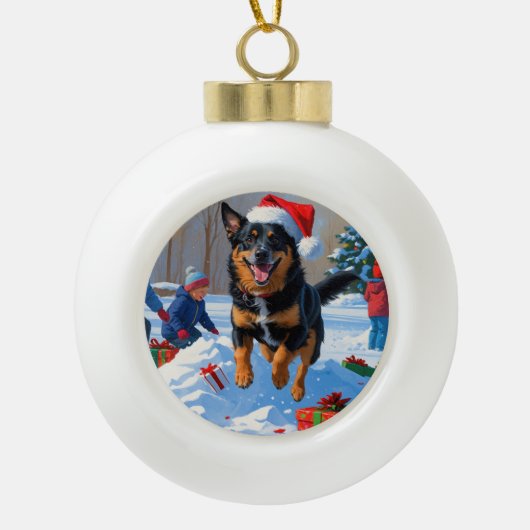 Belgische Malinoi Kerstfeest Sneeuwscène Keramische Bal Ornament (Voorkant)