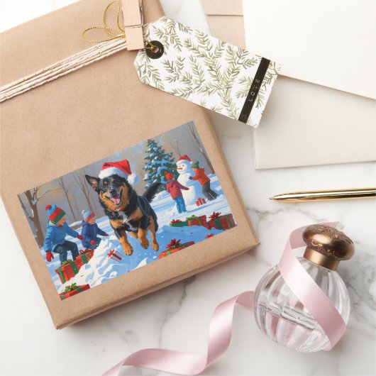 Belgische Malinoi Kerstfeest Sneeuwscène Rechthoekige Sticker (Geschenken)