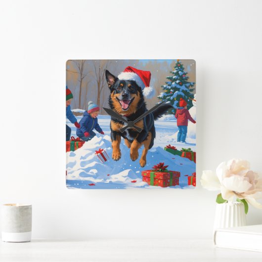 Belgische Malinoi Kerstfeest Sneeuwscène Vierkante Klok (Huis)