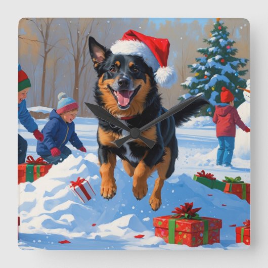 Belgische Malinoi Kerstfeest Sneeuwscène Vierkante Klok (Voorkant)