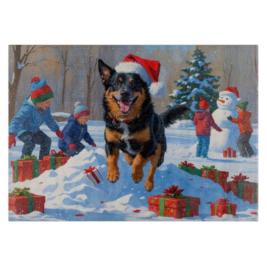 Belgische Malinoi Kerstfeest Sneeuwsfeer Snijplank (Voorkant)
