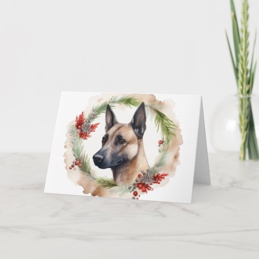 Belgische Malinoi Kerstkrans Feestelijke Pup Kaart (Voorkant)