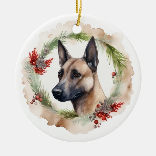 Belgische Malinoi Kerstkrans Feestelijke Pup Keramisch Ornament (Voorkant)