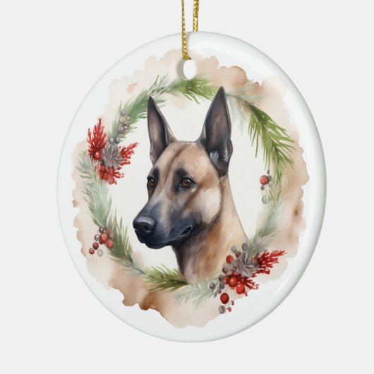 Belgische Malinoi Kerstkrans Feestelijke Pup Keramisch Ornament (Links)