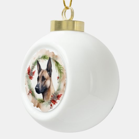 Belgische Malinoi Kerstkrans Feestelijke Pup Keramische Bal Ornament (Rechts)