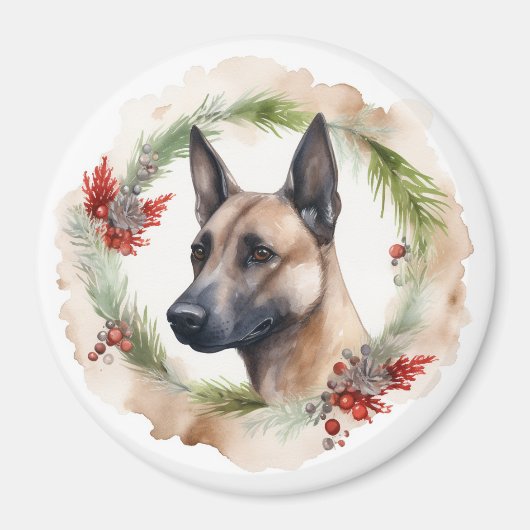 Belgische Malinoi Kerstkrans Feestelijke Pup Magneet (Voorkant)