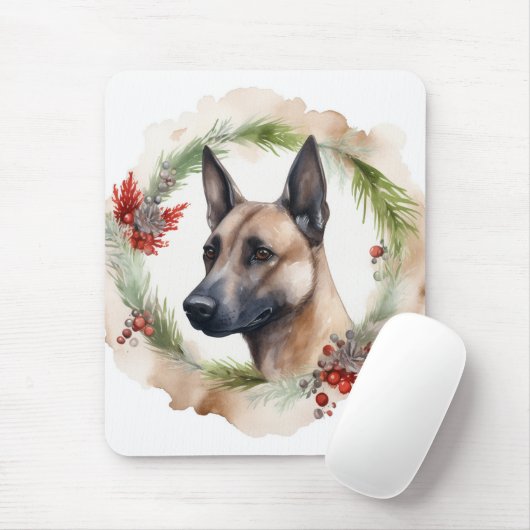 Belgische Malinoi Kerstkrans Feestelijke Pup Muismat (Met muis)