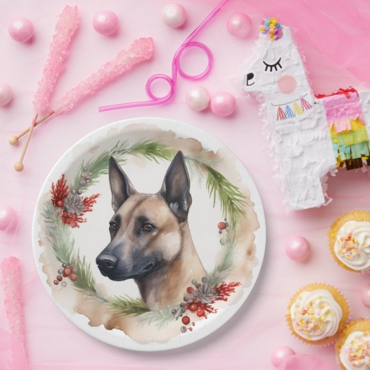 Belgische Malinoi Kerstkrans Feestelijke Pup Papieren Bordje (Feest)