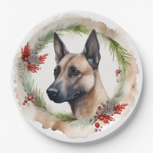 Belgische Malinoi Kerstkrans Feestelijke Pup Papieren Bordje (Voorkant)