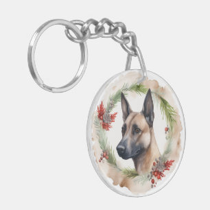 Belgische Malinoi Kerstkrans Feestelijke Pup Sleutelhanger