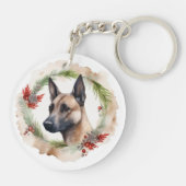 Belgische Malinoi Kerstkrans Feestelijke Pup Sleutelhanger (Achterkant)