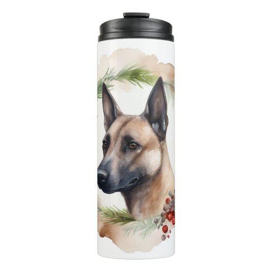 Belgische Malinoi Kerstkrans Feestelijke Pup Thermosbeker (Voorkant)
