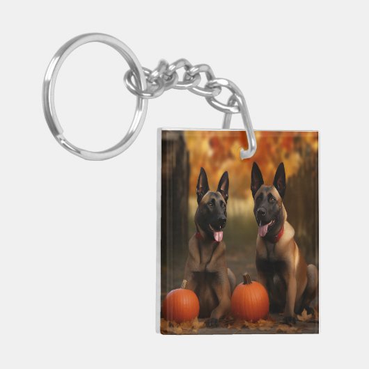 Belgische Malinoi Puppy Herfst Delight Pompoen Sleutelhanger (Voorkant Links)