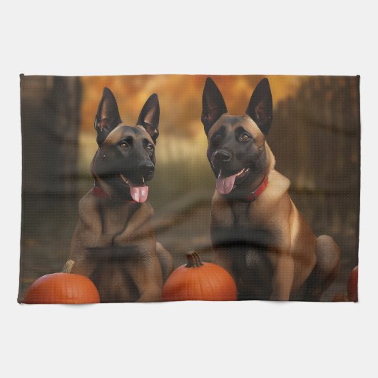 Belgische Malinoi Puppy Herfst Delight Pompoen Theedoek (Horizontaal)