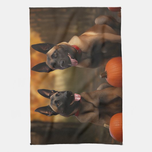 Belgische Malinoi Puppy Herfst Delight Pompoen Theedoek (Verticaal)