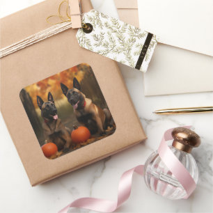 Belgische Malinoi Puppy Herfst Plezier Pompoen Vierkante Sticker