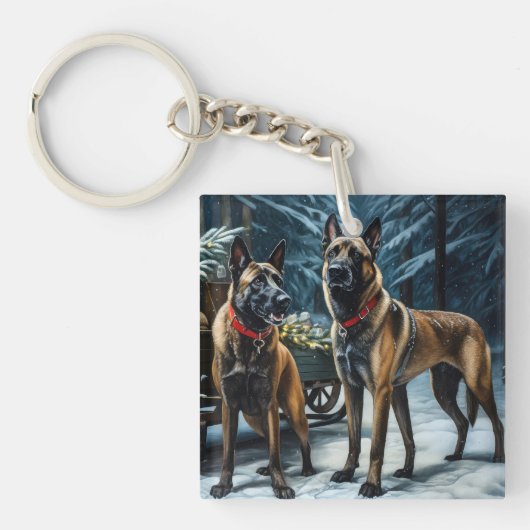 Belgische Malinoi Sneeuw Slede Kerst Decoratie Sleutelhanger (Voorkant)