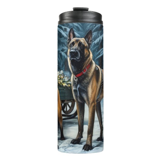 Belgische Malinoi Sneeuw Slede Kerst Decoratie Thermosbeker (Voorkant)