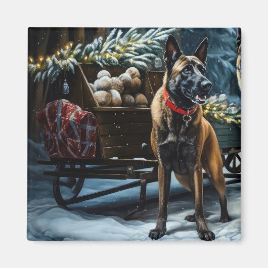Belgische Malinoi Sneeuwslee Kerstdecoratie Magneet (Voorkant)