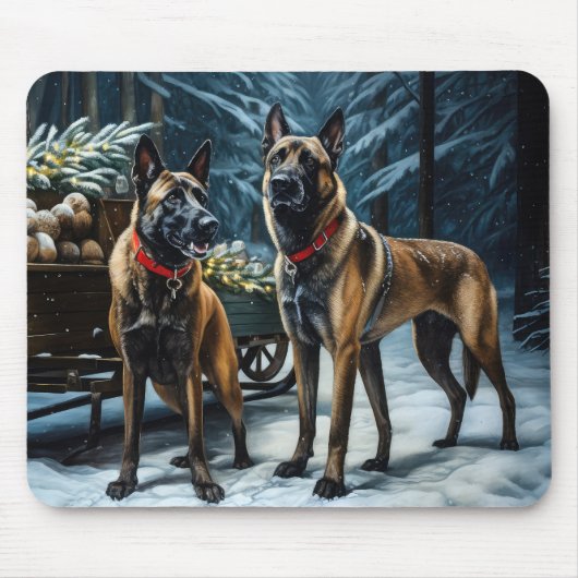 Belgische Malinoi Sneeuwslee Kerstdecoratie Muismat (Voorkant)