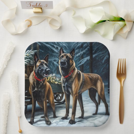 Belgische Malinoi Sneeuwslee Kerstdecoratie Papieren Bordje (Huwelijk)