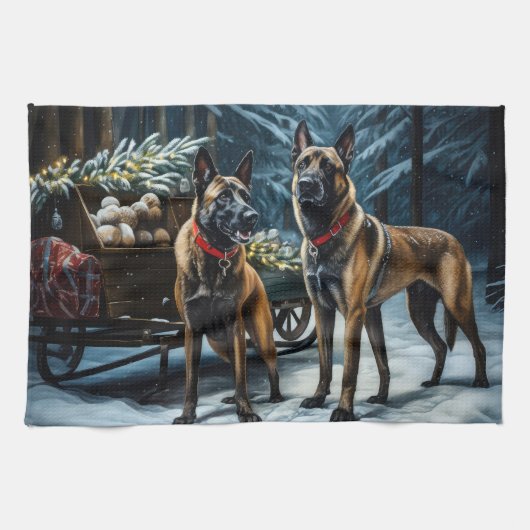 Belgische Malinoi Sneeuwslee Kerstdecoratie Theedoek (Horizontaal)